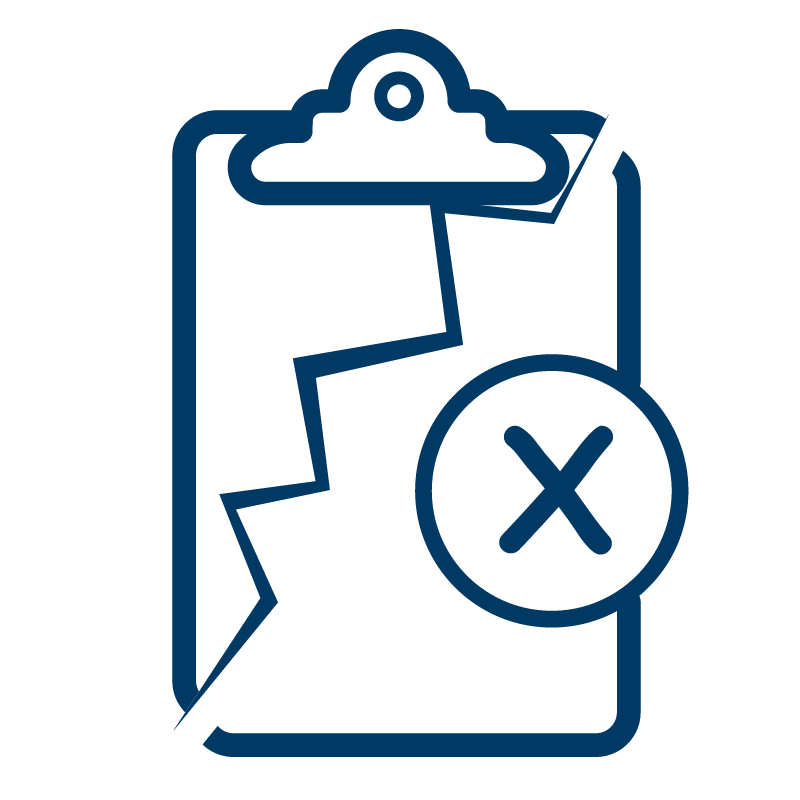 Broken Rules icon - clipboard with zig zag in middle and cross next to it